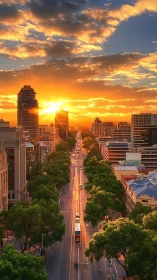 Sunset over straight city avenue lined with green trees.