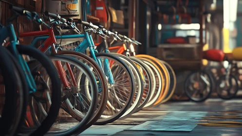 Colorful bikes line up in sunny urban alley light.