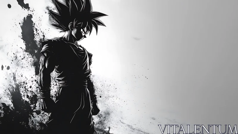 Monochrome anime warrior rendered in splatter-ink silhouette.