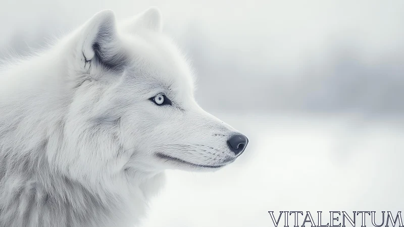 White wolf profile glows softly against a serene winter haze