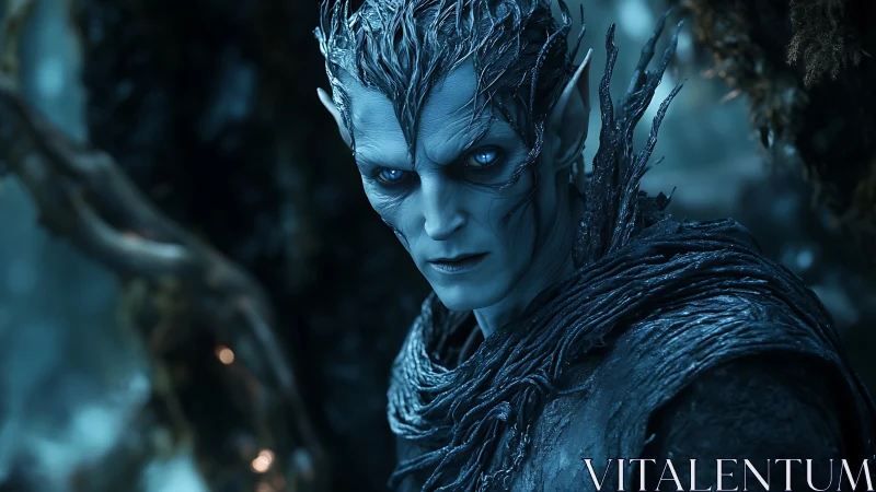 Frostborn elf warlord with bioluminescent eyes in forest gloom.