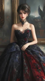 Gothic ballgown portrait with red roses and baroque backdrop