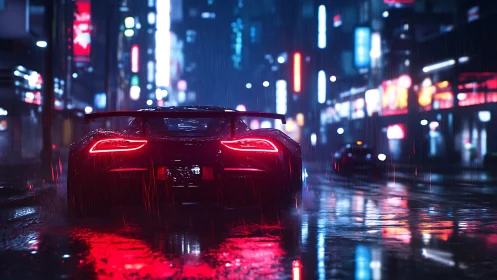 Neon rain racer hunts the horizon through cybercity streets.