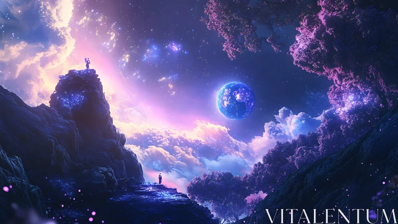 Luminescent exoplanet vista with silhouetted observers at dusk.