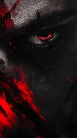 Blood-red gaze in shadowed portrait with violent streaks.