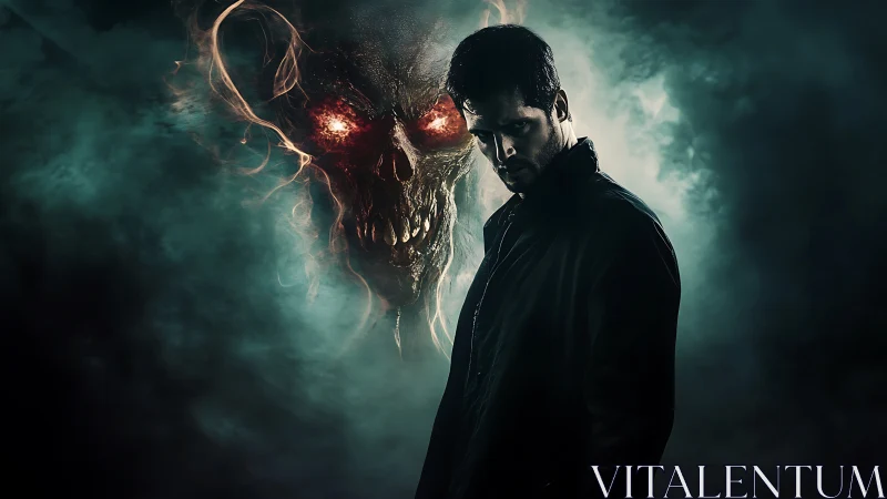 Brooding man against fiery demonic skull in emerald fog.