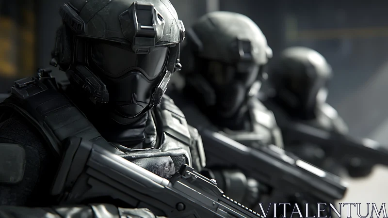 Futuristic tactical squad holding a quiet urban frontline.