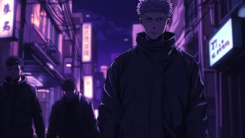Stoic anime loner walks through neon city at night.
