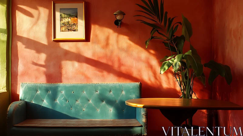 Sunlit teal sofa against warm textured orange wall.