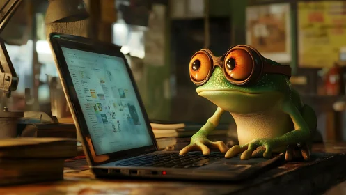 Curious frog with goggles studies a glowing laptop screen intently.