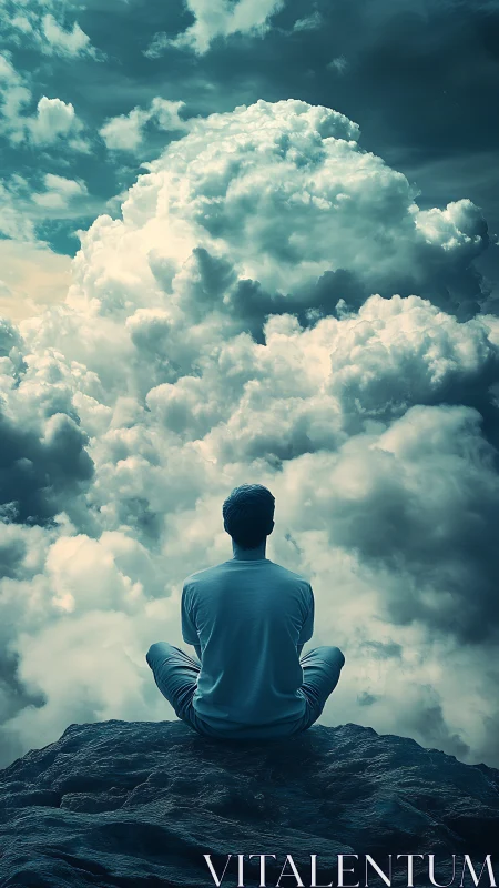 Solitary figure meditates on cliff ledge above towering clouds