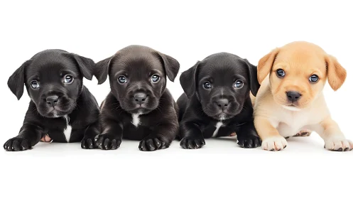 Four newborn puppies posed in studio row portrait.