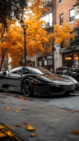 Black supercar gleams against vibrant autumn city backdrop