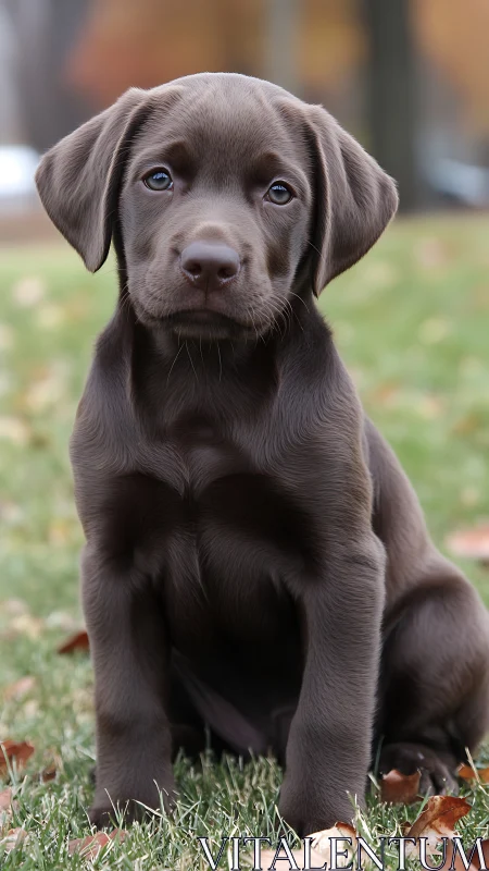Sweet chocolate lab puppy sitting patiently on autumn grass.