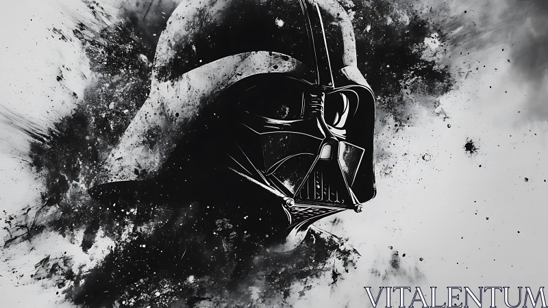 Dark helmet portrait in explosive black ink splashes.