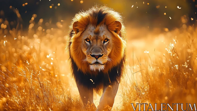Golden savanna lion striding through backlit grassland.