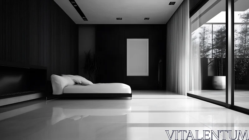 Minimalist monochrome bedroom with panoramic glass wall