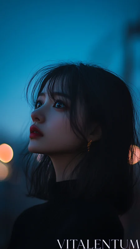 Twilight side-profile portrait with cinematic bokeh rendering.