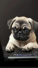 Pug puppy leans on laptop keyboard in focused close-up.