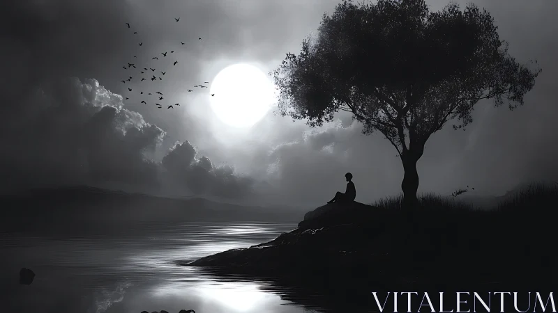 Monochrome moonlit lakeside silhouette with solitary figure.