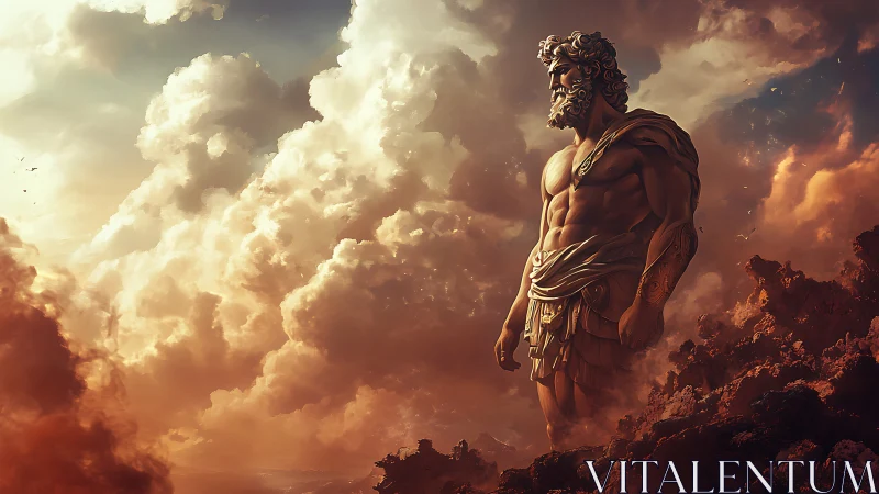 Colossal mythic titan surveys storm-lit volcanic horizon