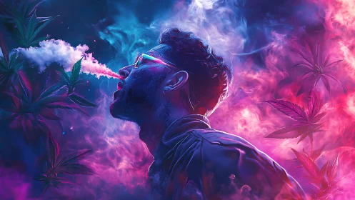 Neon vapor exhalation amid chromatic cannabis foliage field.