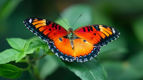 Macro study of orange butterfly on foliage with bokeh field.