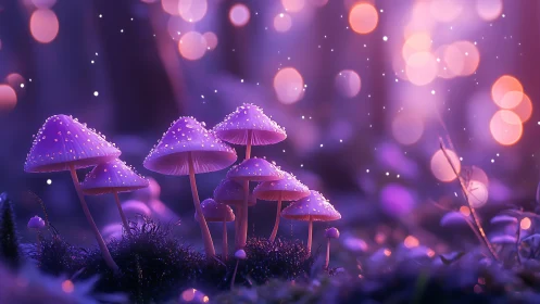 Bioluminescent violet mushrooms glow in dreamy forest dusk