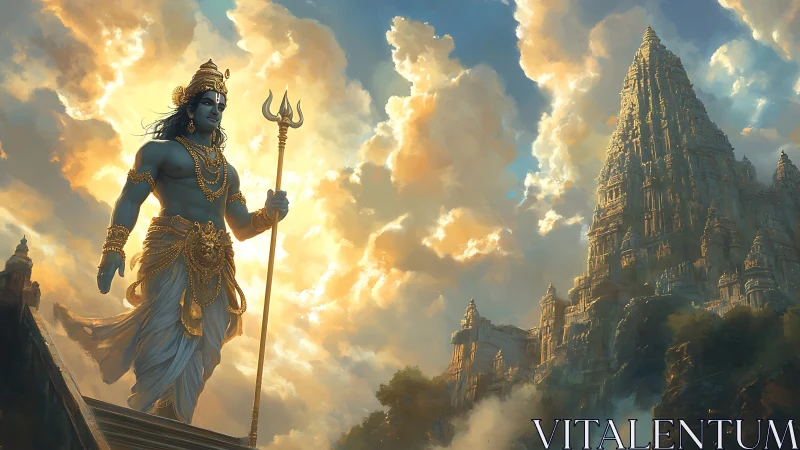 Divine warrior deity before monumental temple, digital painting.