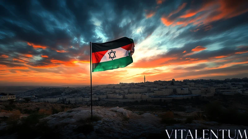 Symbolic hybrid flag flies above city at dramatic sunset.