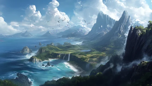 Dramatic Coastal Landscape: Towering Peaks and Cascading Waterfall.