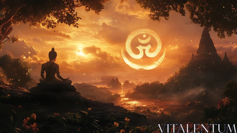 Meditative silhouette under luminous Om sigil at sunset.