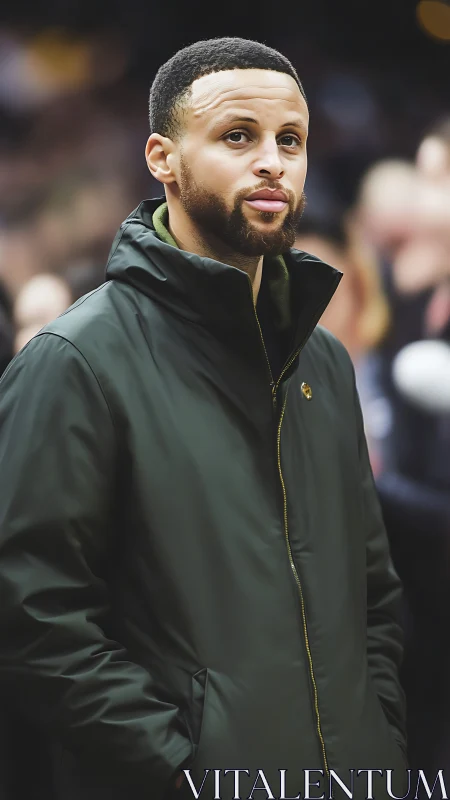 Calmly confident man in a dark jacket amid soft crowd glow.