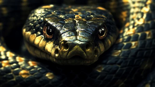 Macro close-up of coiled snake head with reflective scales and eyes