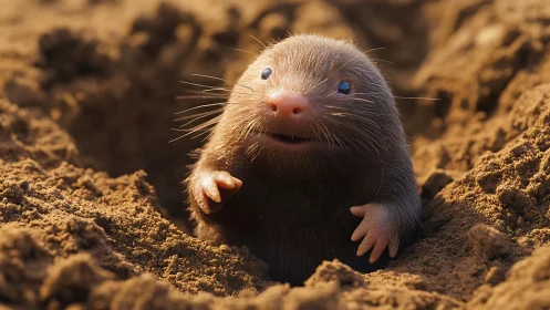 Small burrowing mammal emerging from soil tunnel opening.
