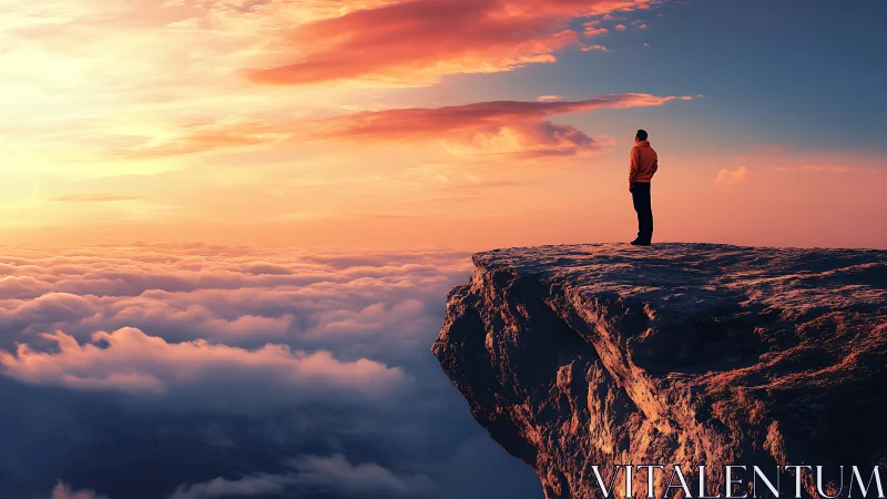 High-altitude cliff edge with solitary observer above stratified clouds