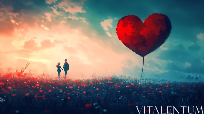 Silhouetted figures beneath oversized heart balloon in flowering field.
