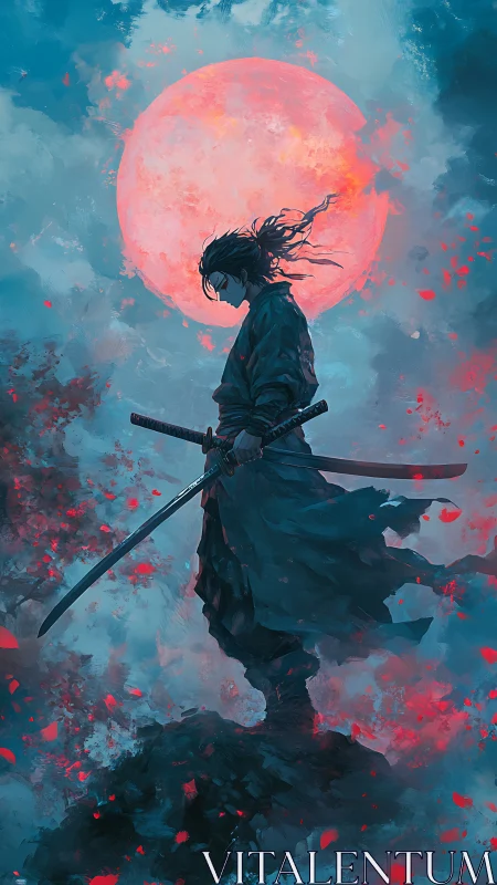 Lone samurai silhouette beneath a burning crimson moon.