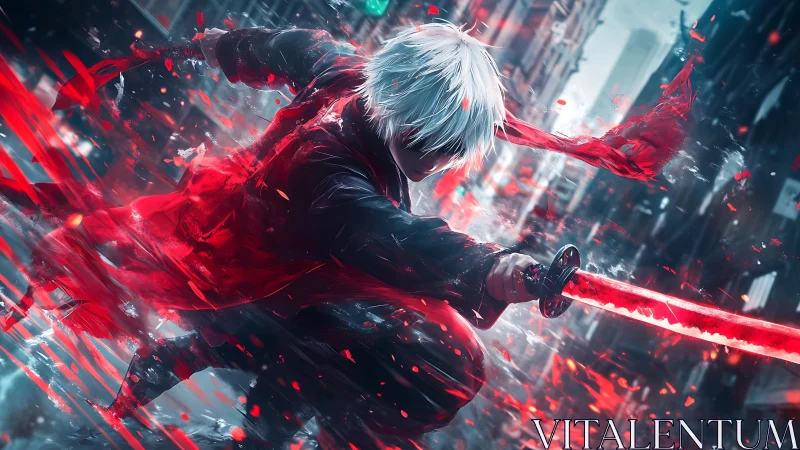 Cyberpunk swordsman unleashes crimson energy strike.