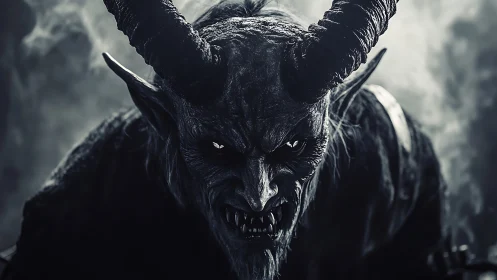 Demonic horned creature in high-contrast monochrome portrait.