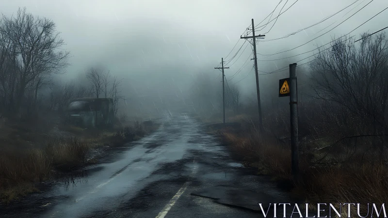 Deserted radioactive road fades into misty, rain-soaked gloom.