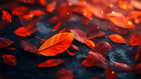 Single orange leaf lies among glowing red scattered leaves