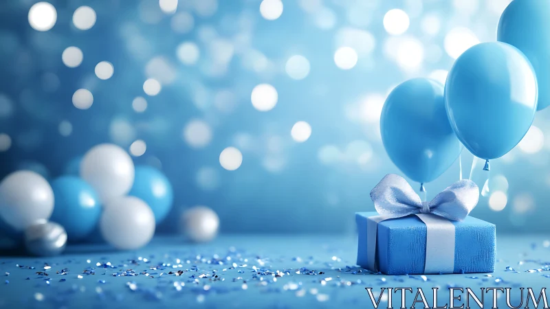 Blue Gift Box with Balloons in Celebratory Scene.
