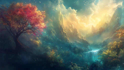 Sunlit mists cradle a crimson tree above the hidden falls