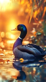 Mallard drake on reflective pond in warm backlight.