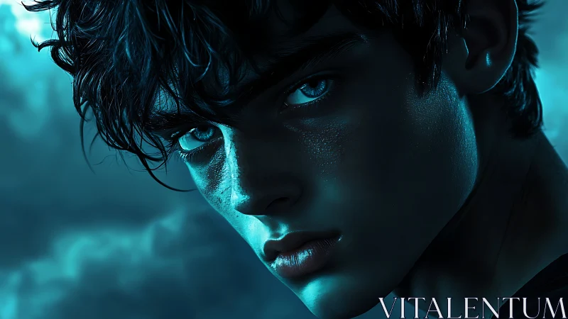 Moody blue portrait of a mysterious, storm-lit young soul.