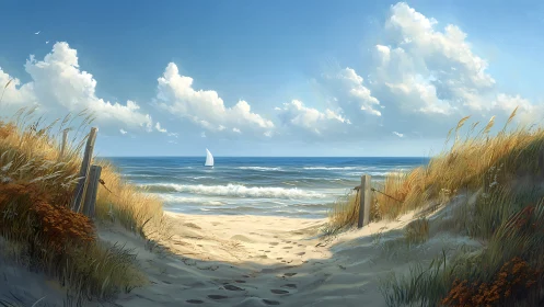 Coastal sand dunes frame sailboat on sunlit blue horizon.