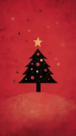 Minimalist black Christmas tree on textured red field.