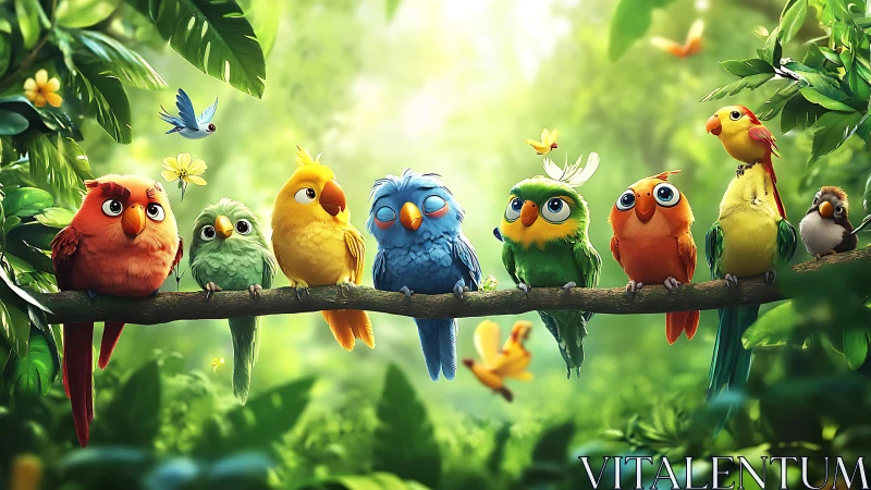 Colorful Cartoon Birds on a Branch in Vibrant Forest Setting.