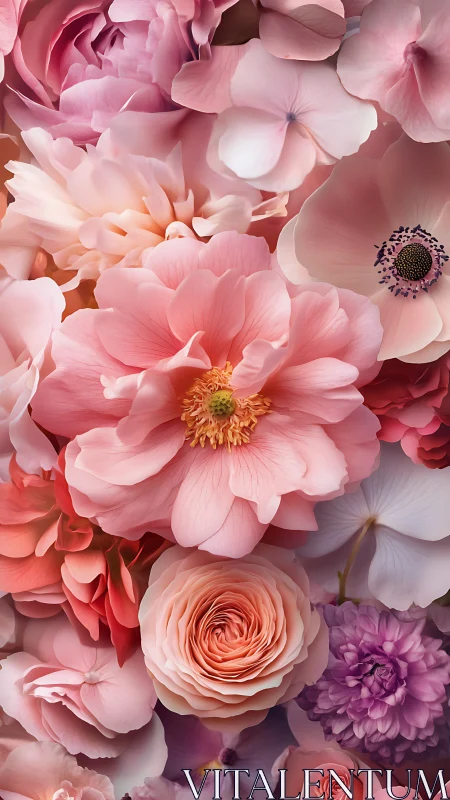 Pink flower arrangement with mixed botanical specimens.